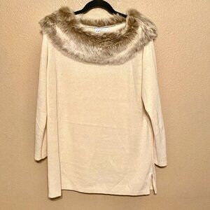 Vintage Kathy Levine by Request Cream Sweater Faux Fur collar Women's size (L)
